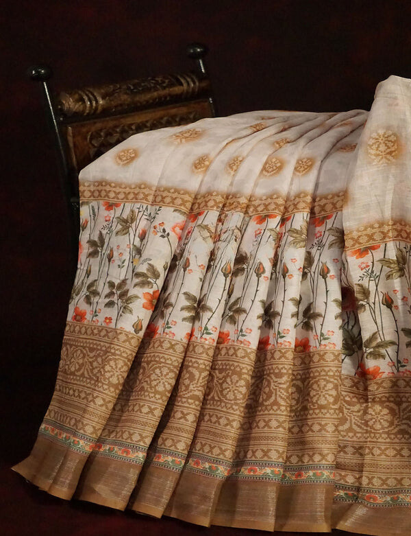 Sophisticated Off White Colored Cotton Linen Designer Printed Saree