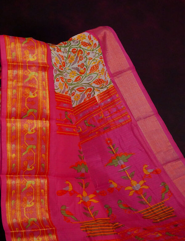 Adorning Off White Colored Cotton Linen Designer Printed Saree
