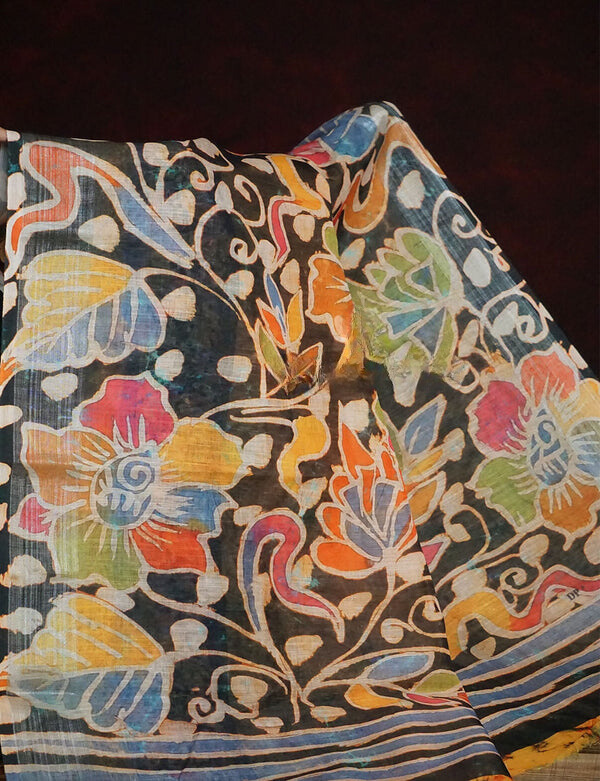 Awesome Black Colored Cotton Linen Designer Printed Saree