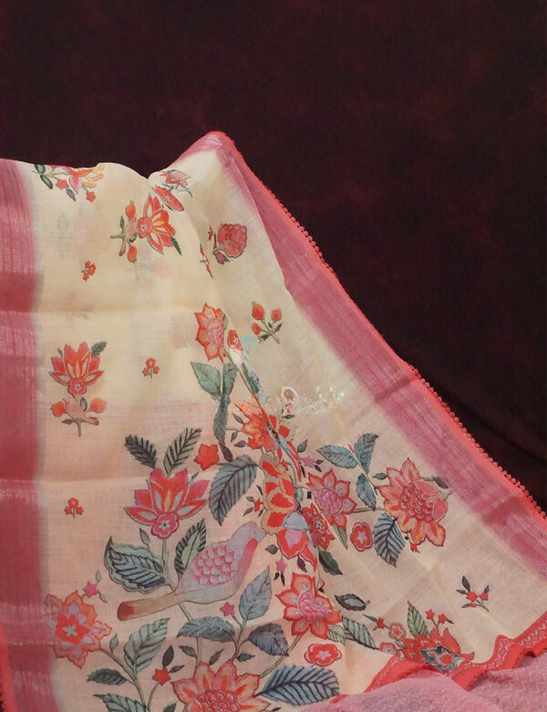 Elegant Peach Colored Cotton Linen Designer Printed Saree
