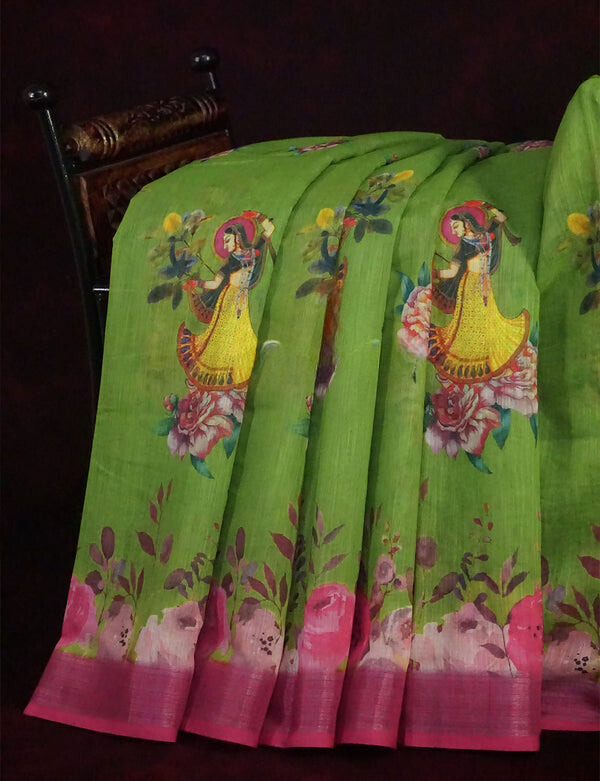 Refreshing Green Colored Cotton Linen Designer Printed Saree
