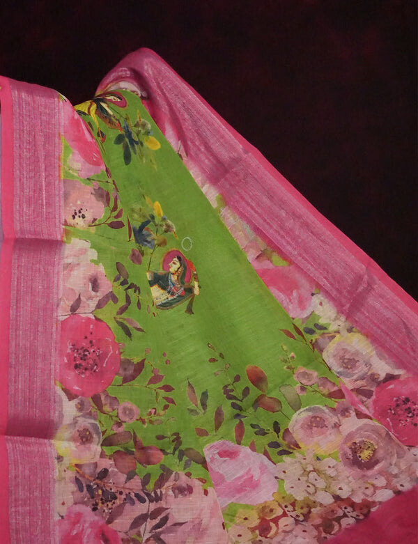 Refreshing Green Colored Cotton Linen Designer Printed Saree