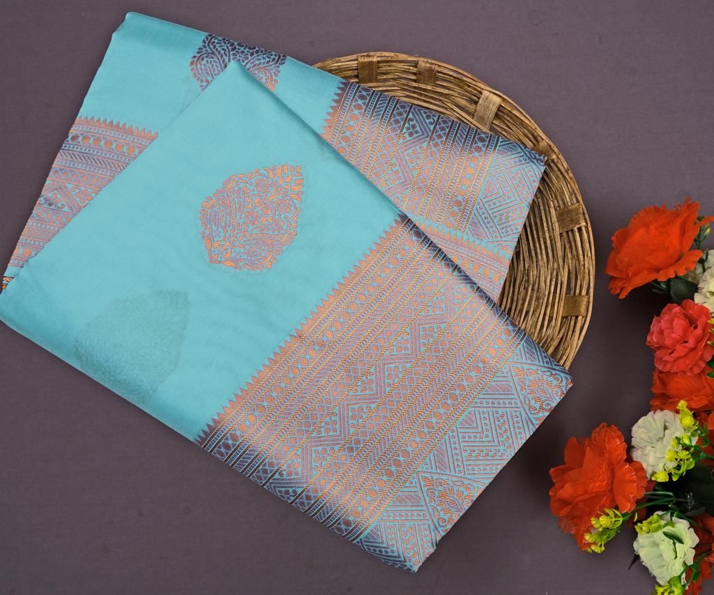Flaunt Sky Soft Banarasi Silk Saree With Dalliance Blouse Piece