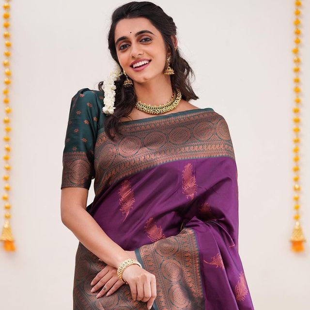Demesne Purple Soft Silk Saree With Gossamer Blouse Piece