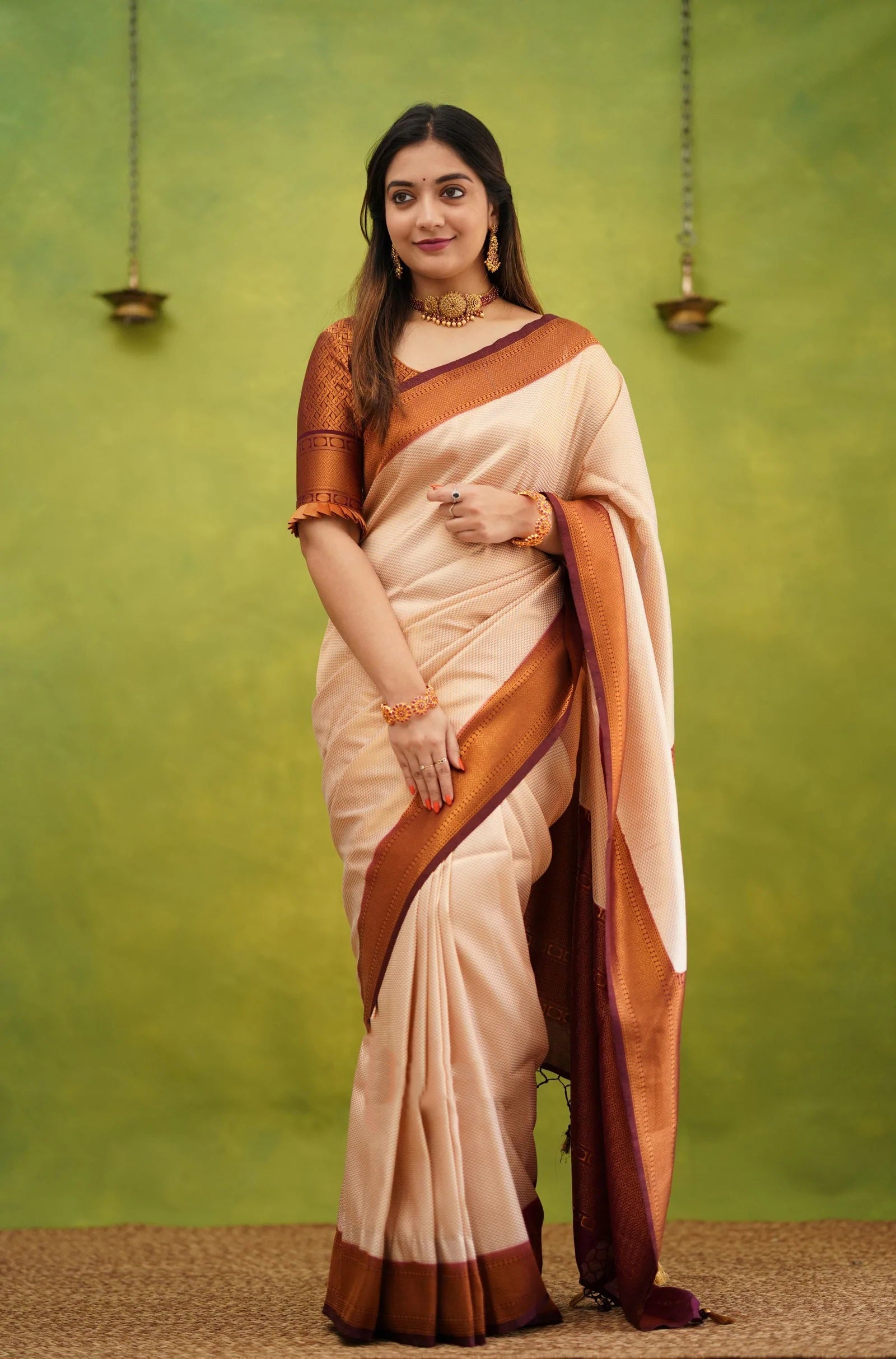 Elision Beige Soft Banarasi Silk Saree With Eloquence Blouse Piece