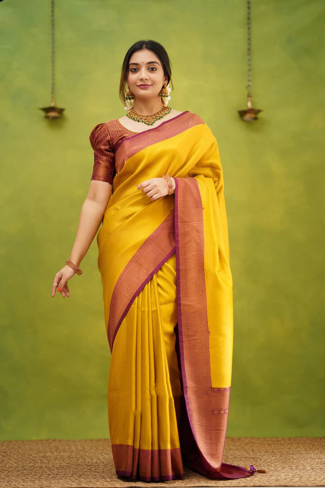Demesne Golden Soft Kanjivaram Silk Saree With Desuetude Blouse Piece