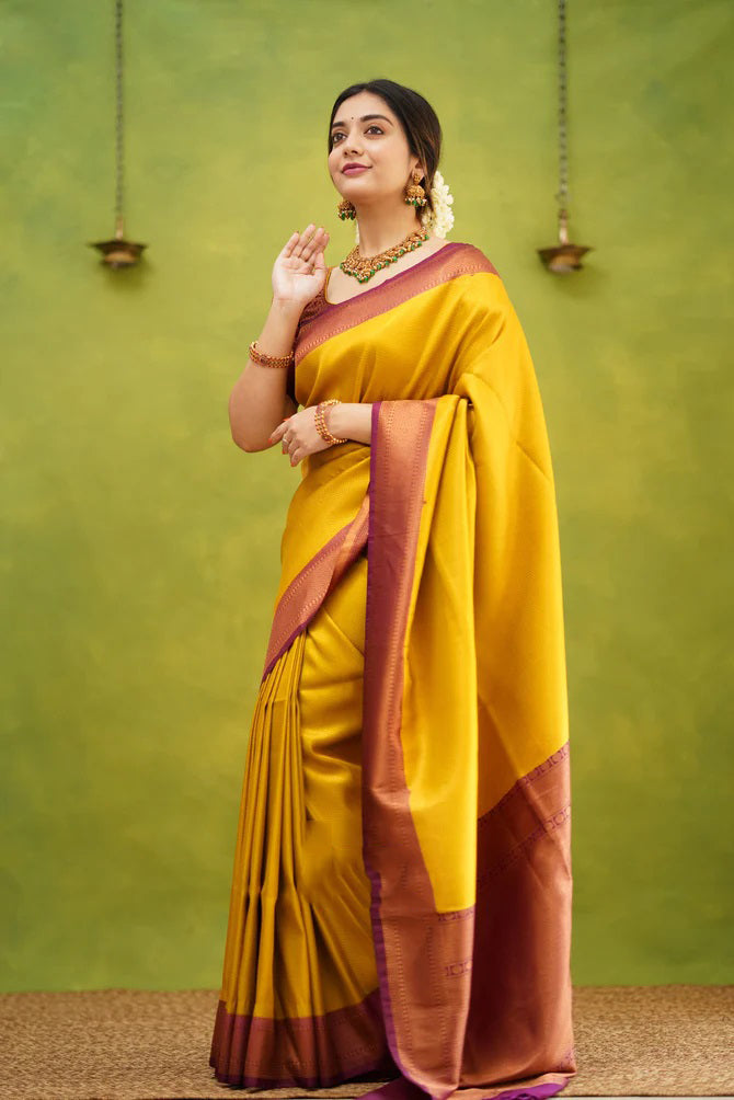 Demesne Golden Soft Kanjivaram Silk Saree With Desuetude Blouse Piece