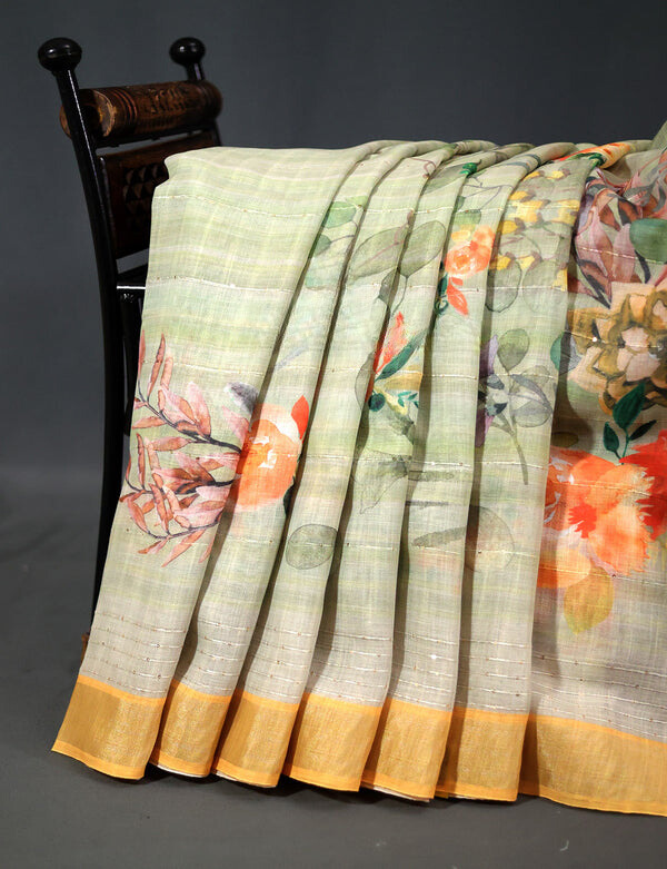 Extremely Light Green Colored Cotton Linen Designer Printed Saree