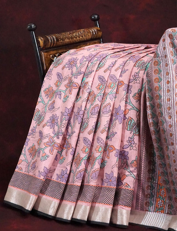 Unique Baby Pink Colored Cotton Linen Designer Printed Saree