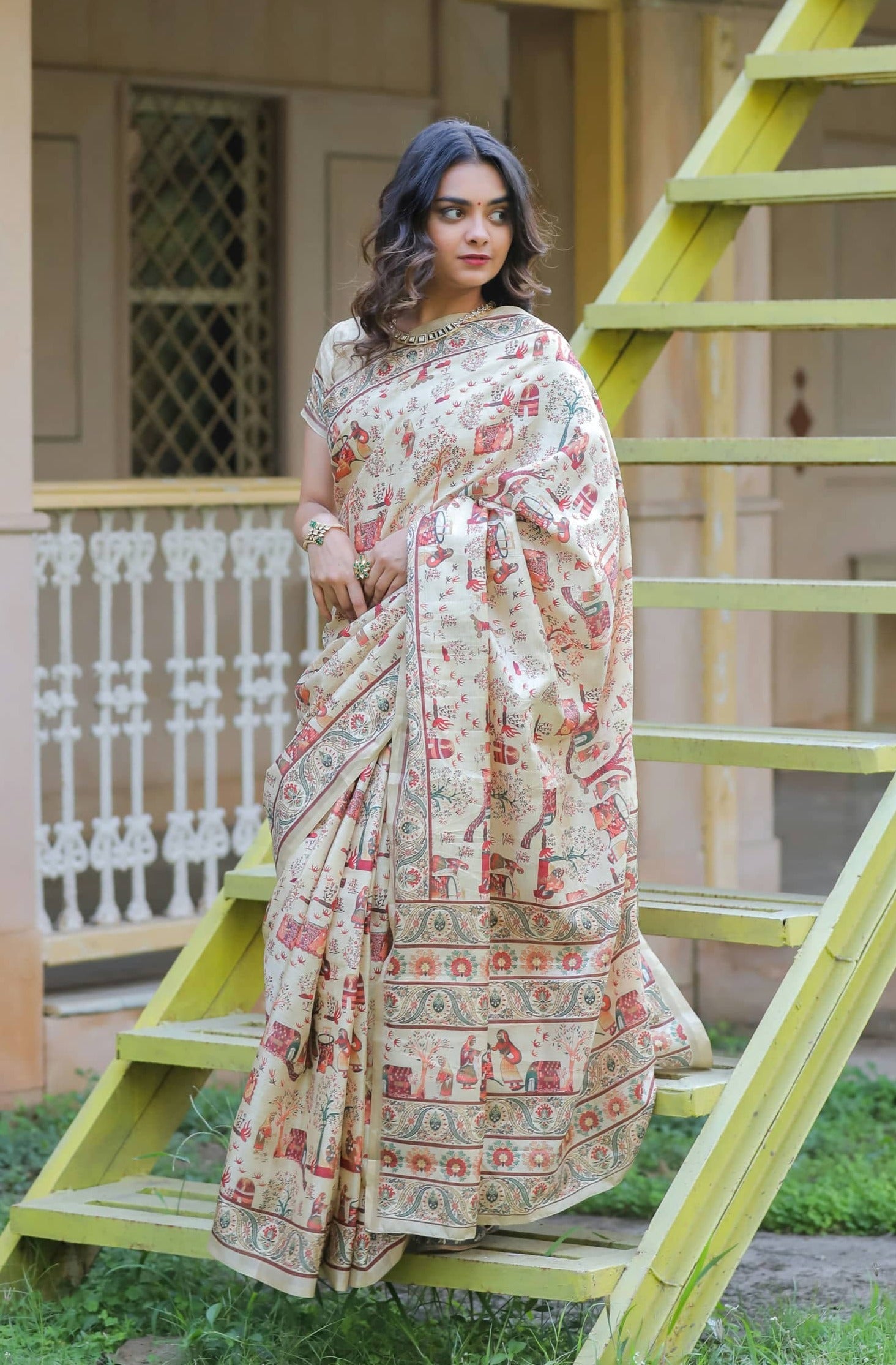 Marvellous Cream Colored Cotton Linen Designer Printed Saree