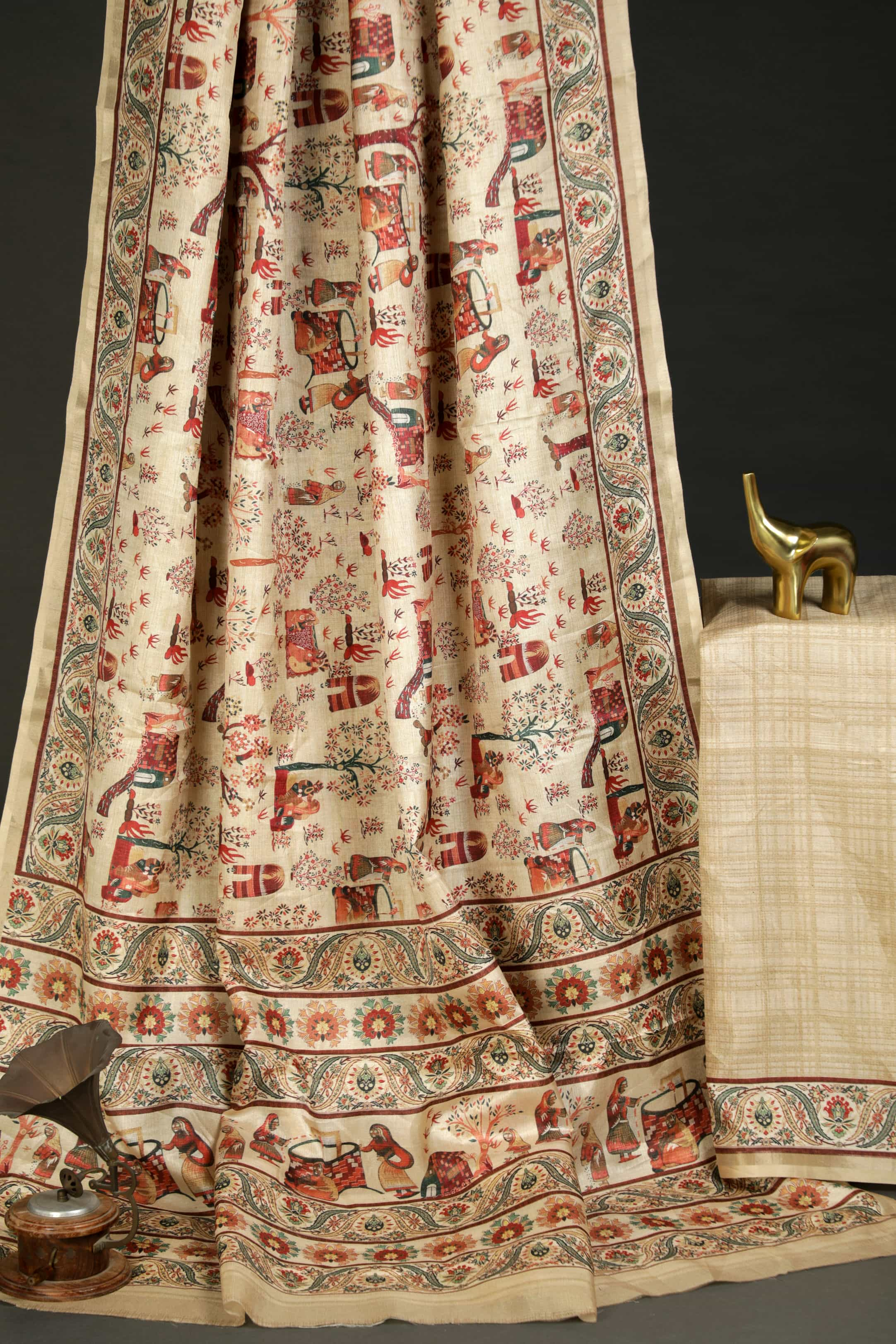 Marvellous Cream Colored Cotton Linen Designer Printed Saree