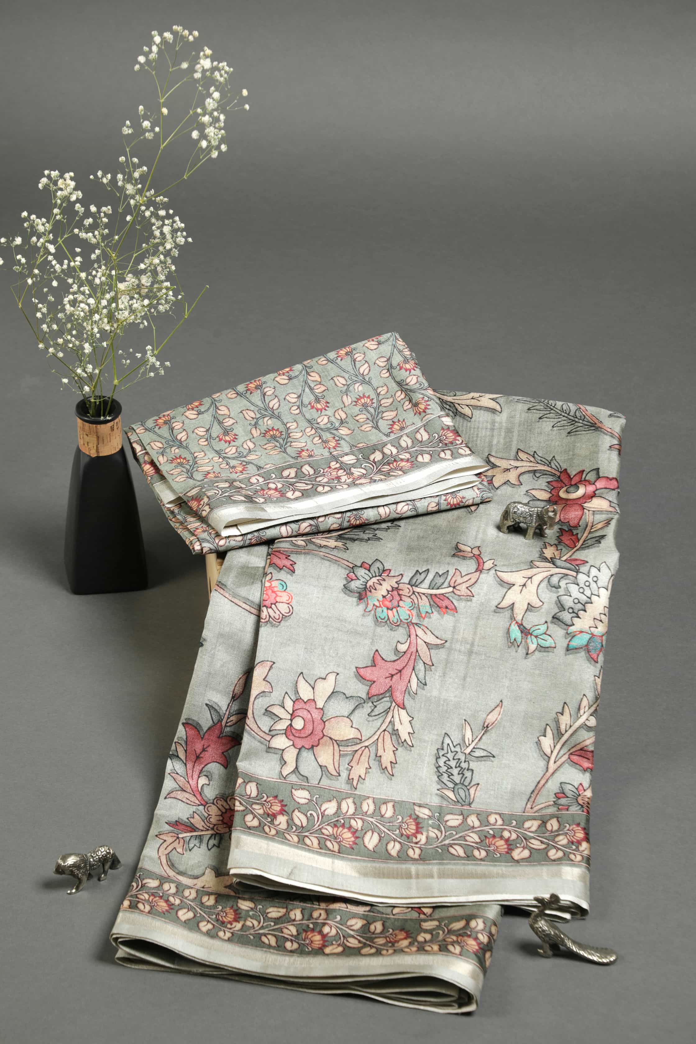 Desirable Gray Colored Cotton Linen Designer Printed Saree
