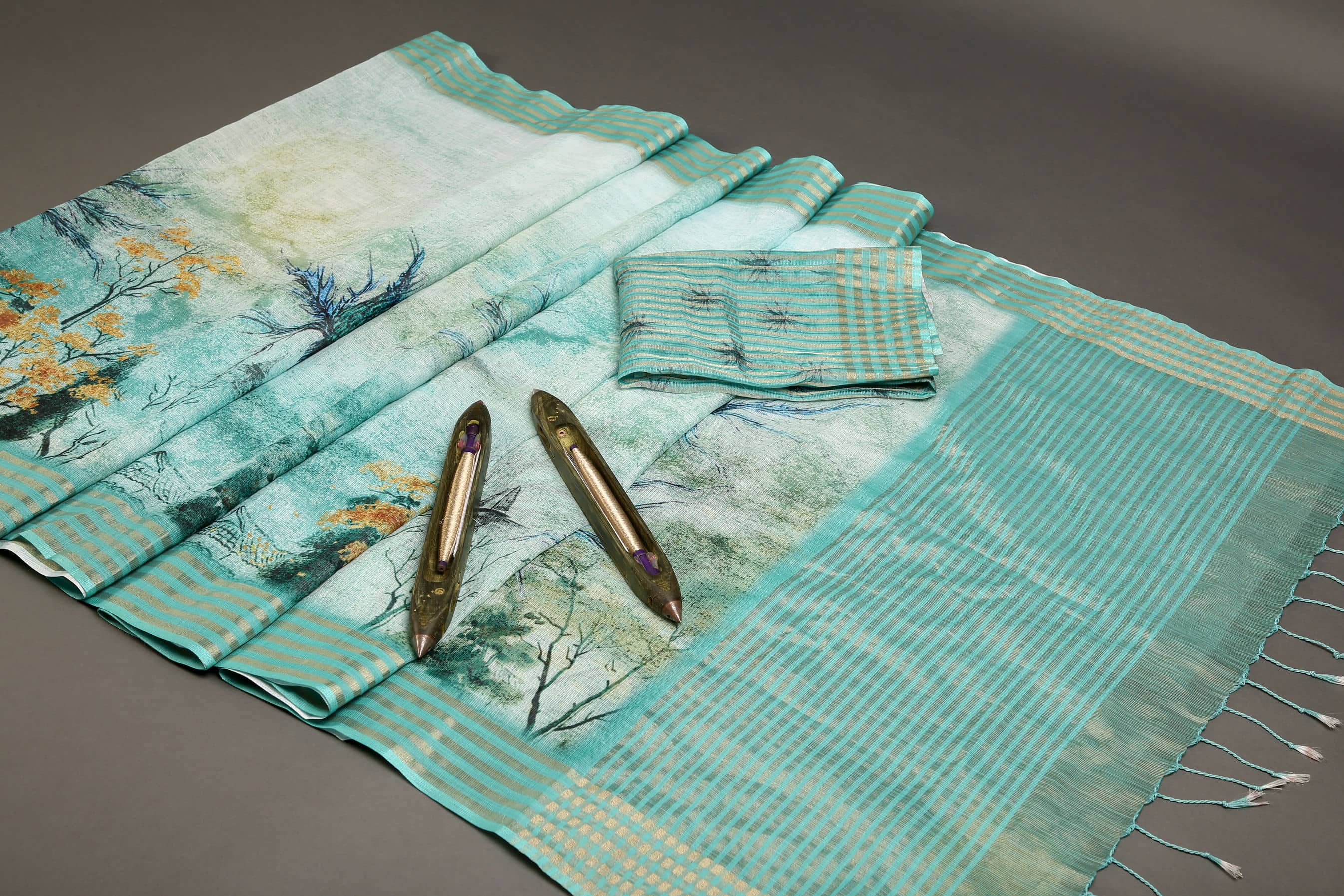 Wonderful Sky Blue Colored Cotton Linen Designer Printed Saree