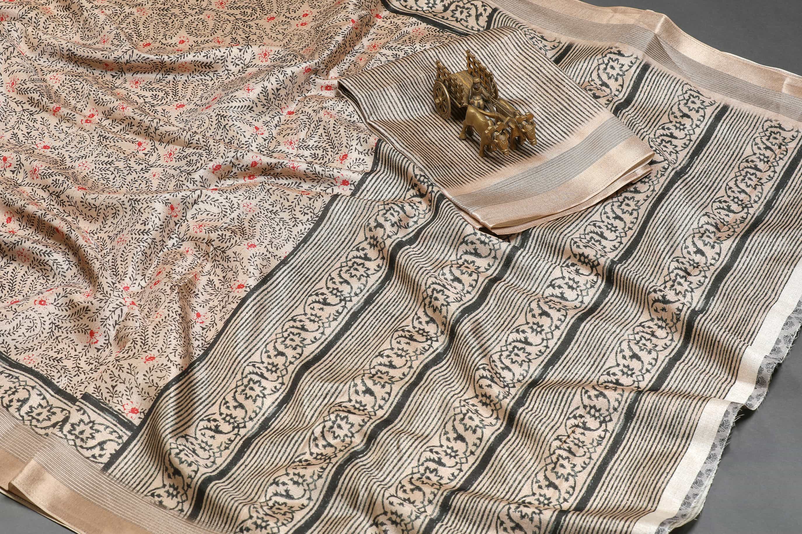 Impressive Golden Colored Cotton Linen Designer Printed Saree
