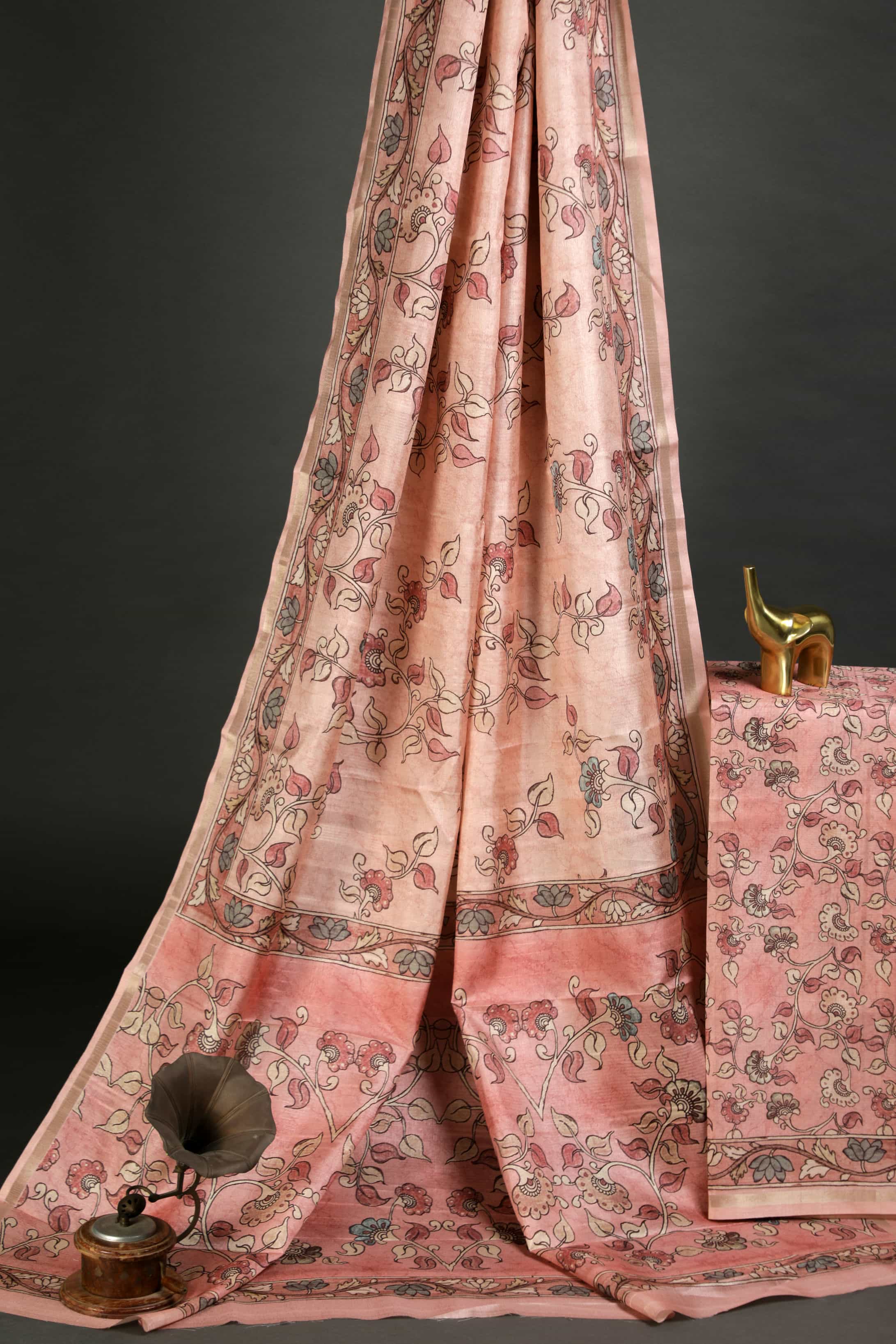 Delightful Peach Colored Cotton Linen Designer Printed Saree