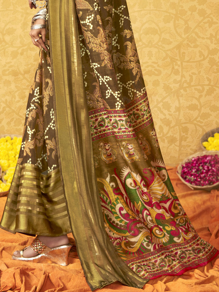 pure silk Classy Mehndi Colour Saree, Shining Party Wear