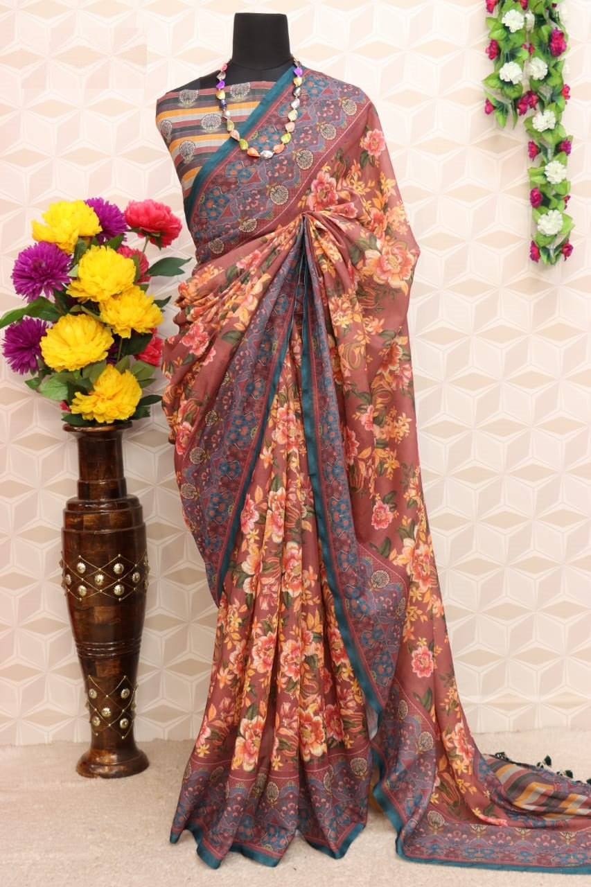 pure silk Pitch and Grey Colour Saree, Shining Party Wear