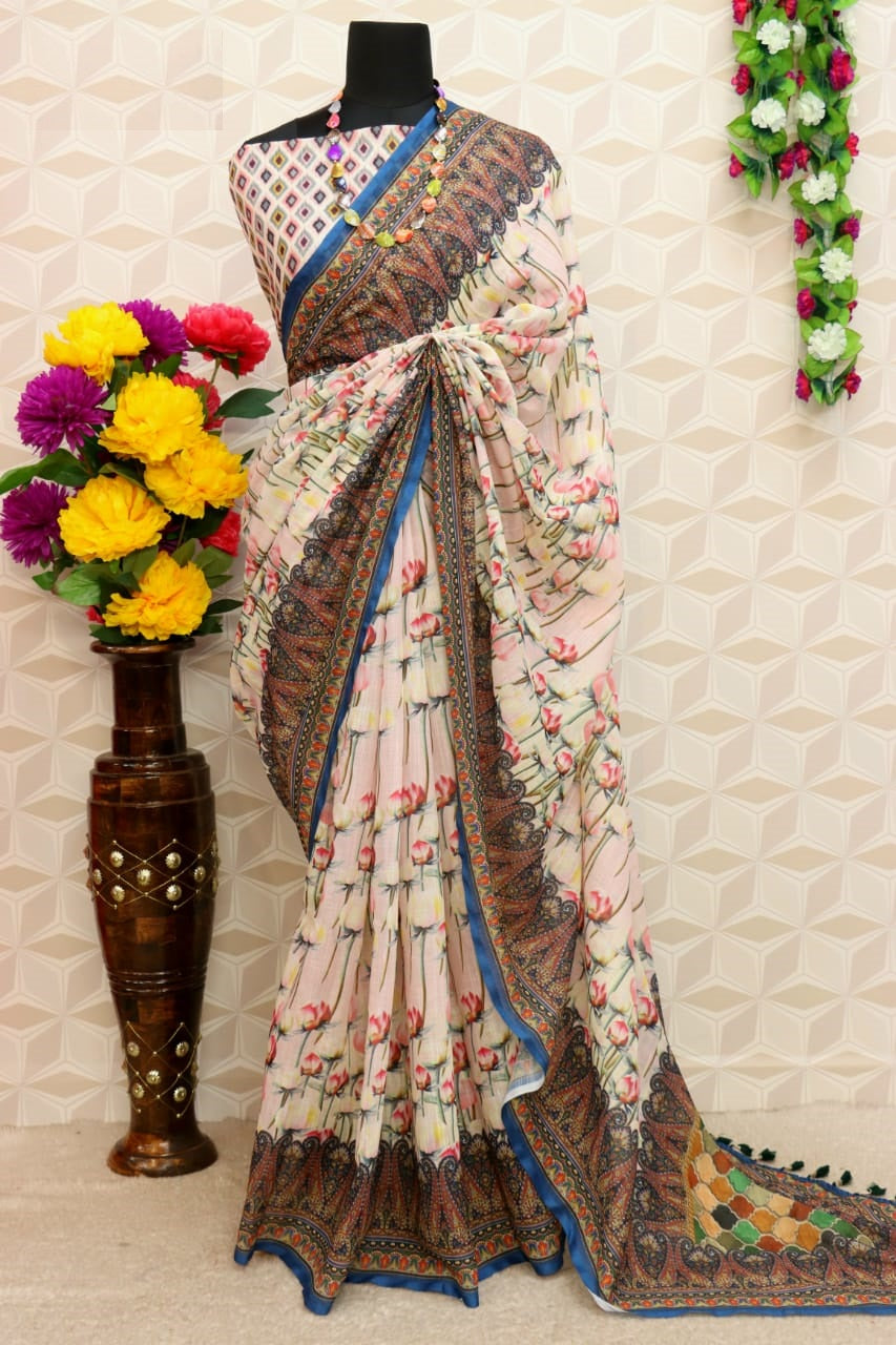 pure silk Classy White and baby pink Colour Saree, Shining Party Wear