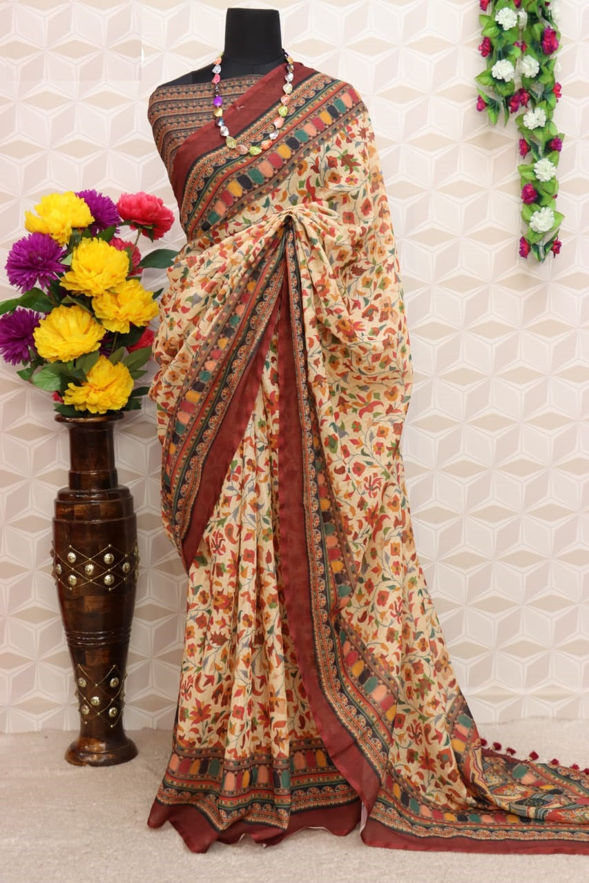pure silk Classy Brown and cream Colour Saree, Shining Party Wear