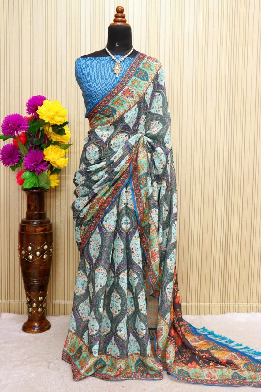 pure silk Classy Navy blue and Grey Colour Saree, Shining Party Wear