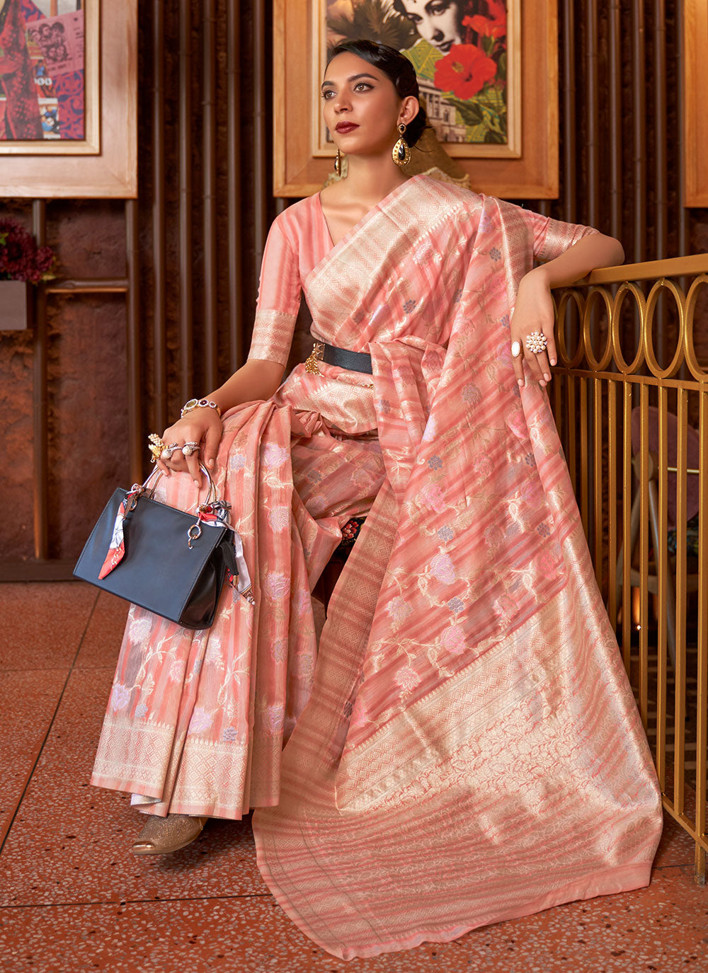 Flamingo Pink printed silk Saree