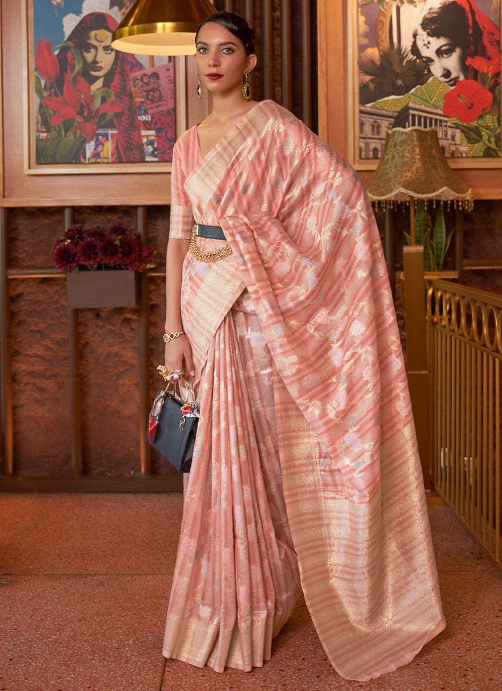 Flamingo Pink printed silk Saree