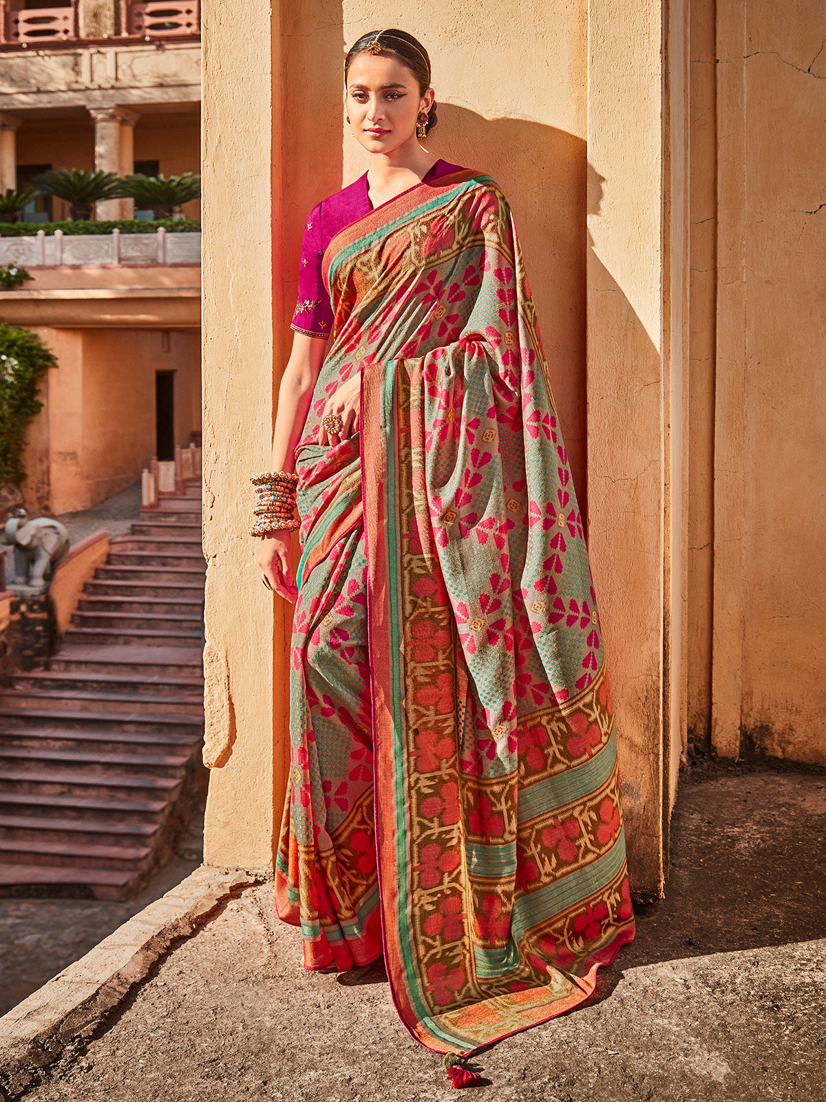 Traditional Printed Grey Color Silk Saree