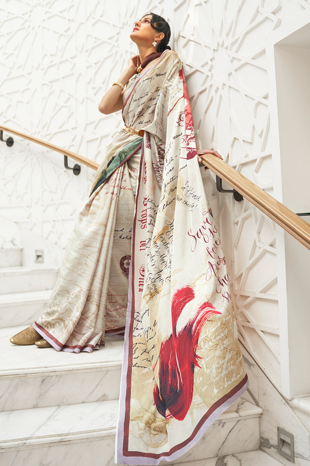 Printed Daily Wear Cream Color Khadi Silk Saree