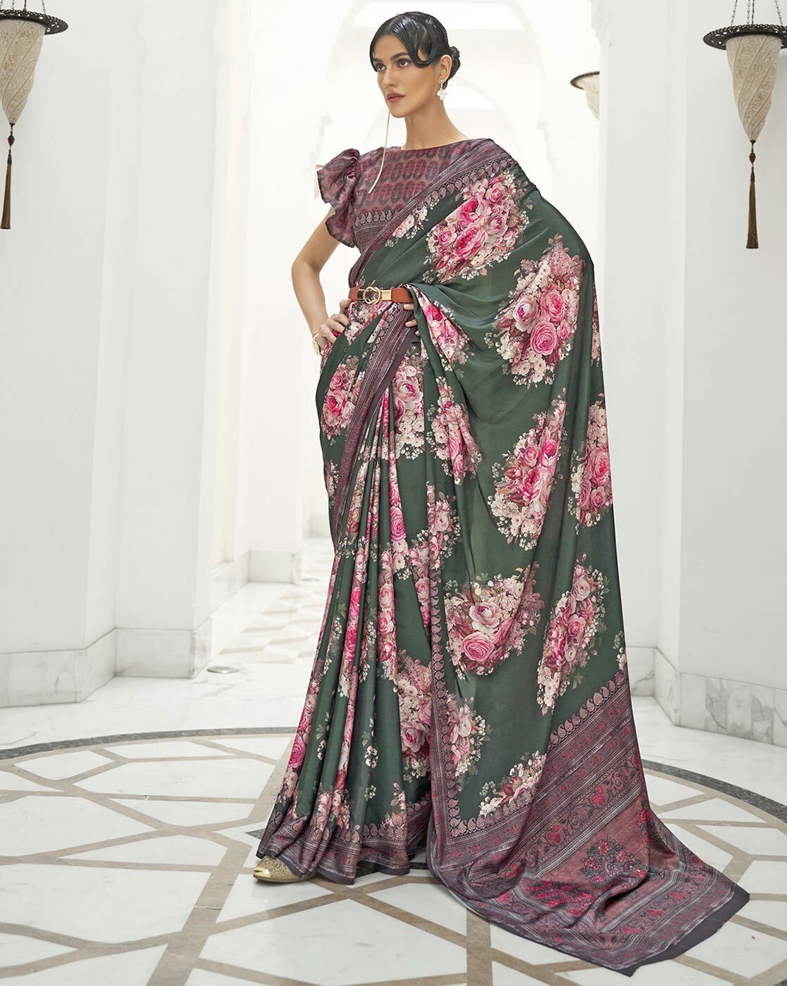 Forest Green Pure linen Saree