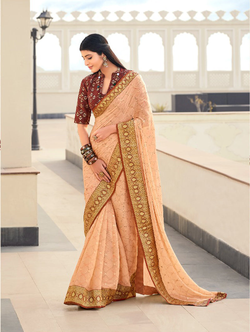 Attractive Festive Wear Coral Soft Silk Saree