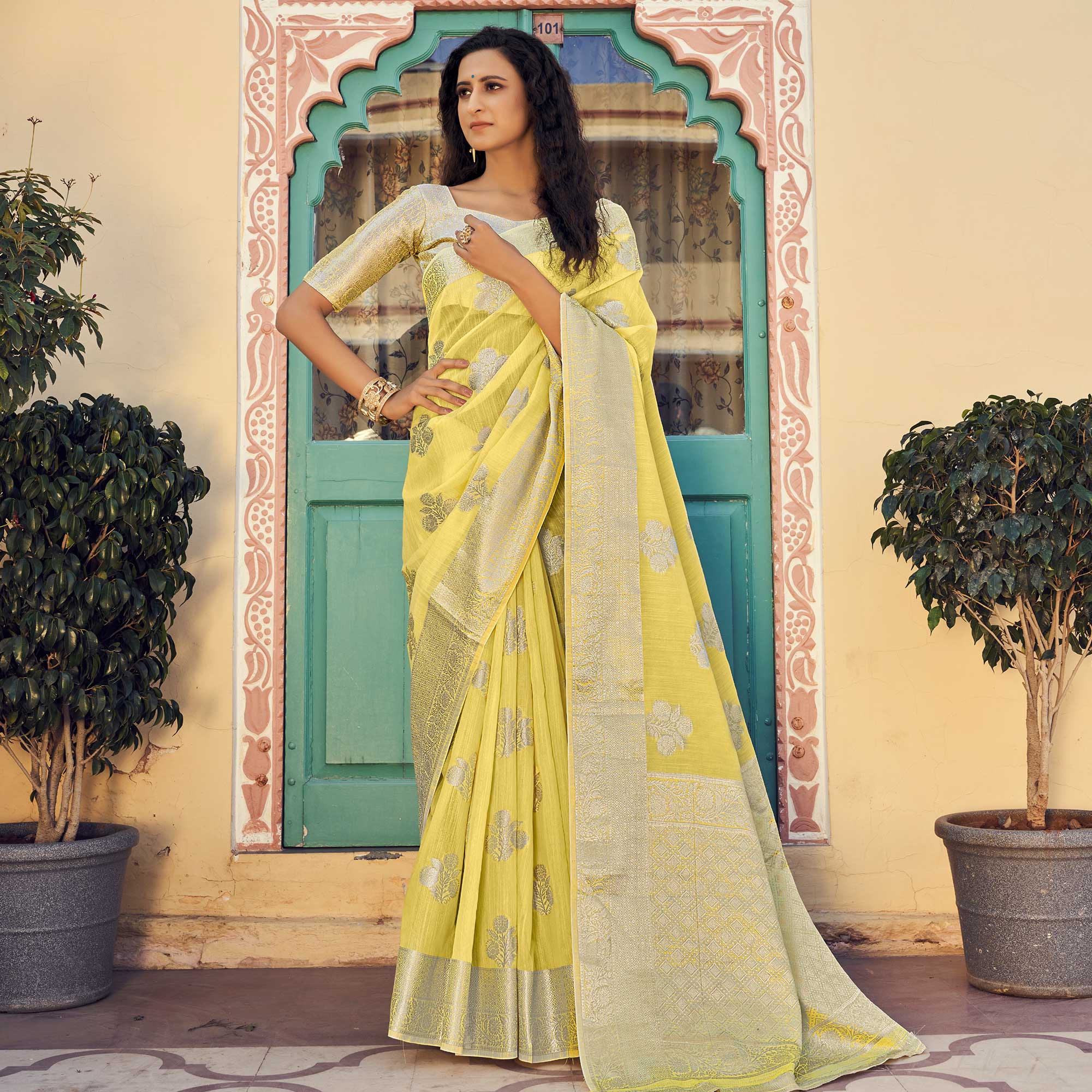 Exceptional Yellow Banarasi Cotton Silk Saree