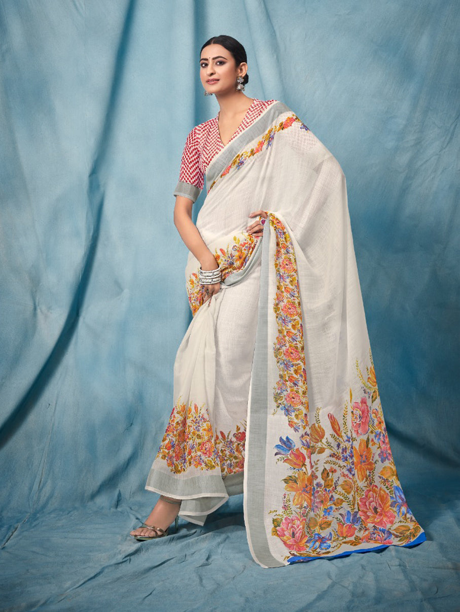 Floral Print Daily Wear Linen Saree