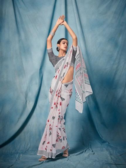 Butterfly Printed Pure Linen Saree