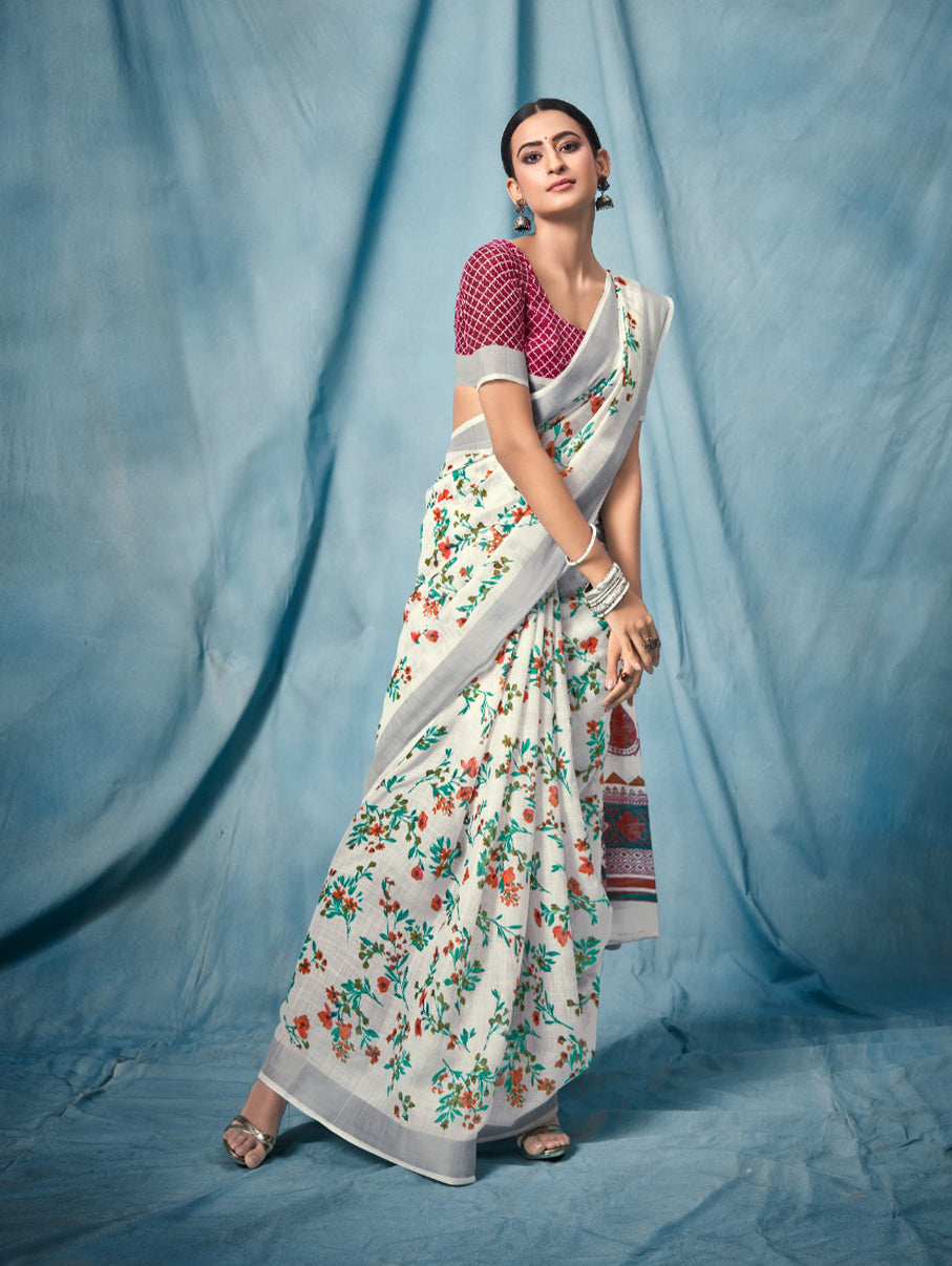 Floral Print Daily Wear Pure Linen Saree