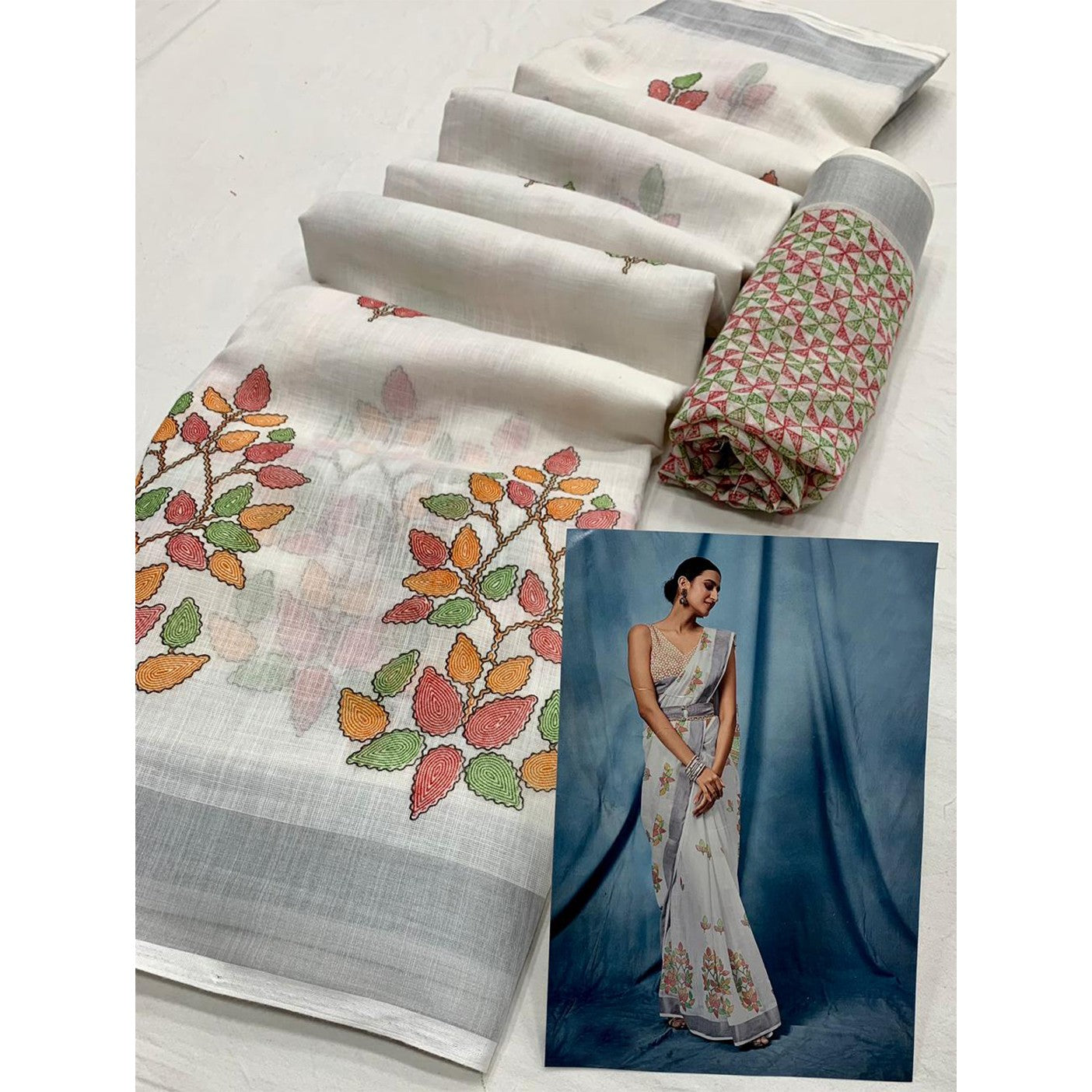 Daily Wear Printed Linen Sarees With Blouse