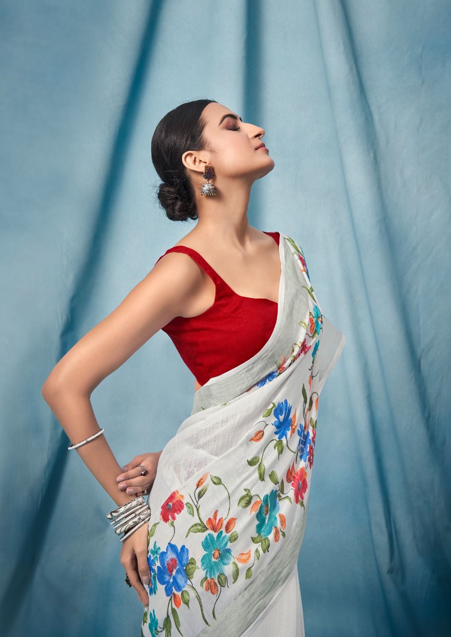 Self Design, Floral Print Bollywood Pure Linen Saree