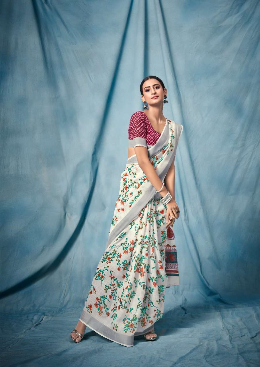 Self Design, Floral Print Pure Linen Saree