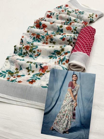 Self Design, Floral Print Pure Linen Saree