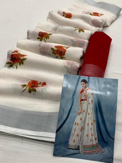 Self Design, Floral Print Pure Linen Saree