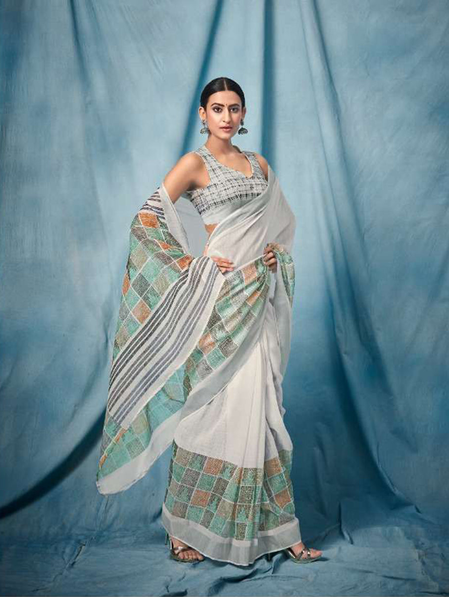 Checkered Daily Wear Pure Linen Saree