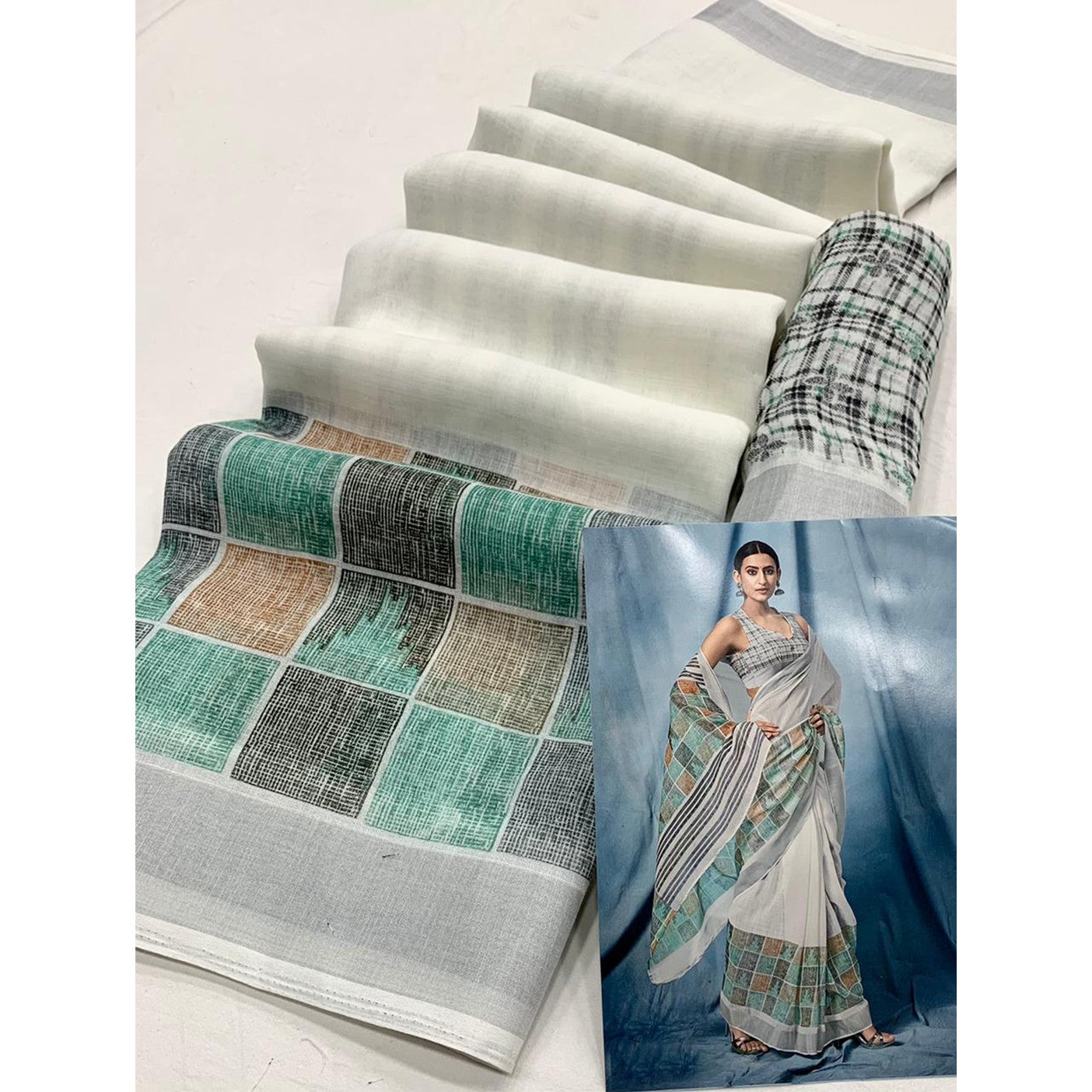 Checkered Daily Wear Pure Linen Saree