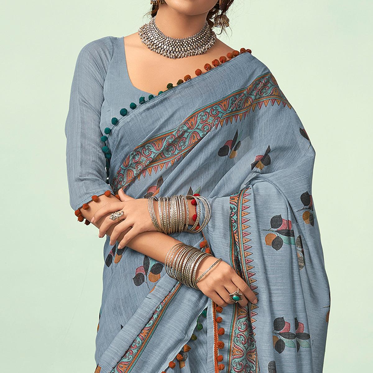 Blue Digital Printed Linen Saree Party wear