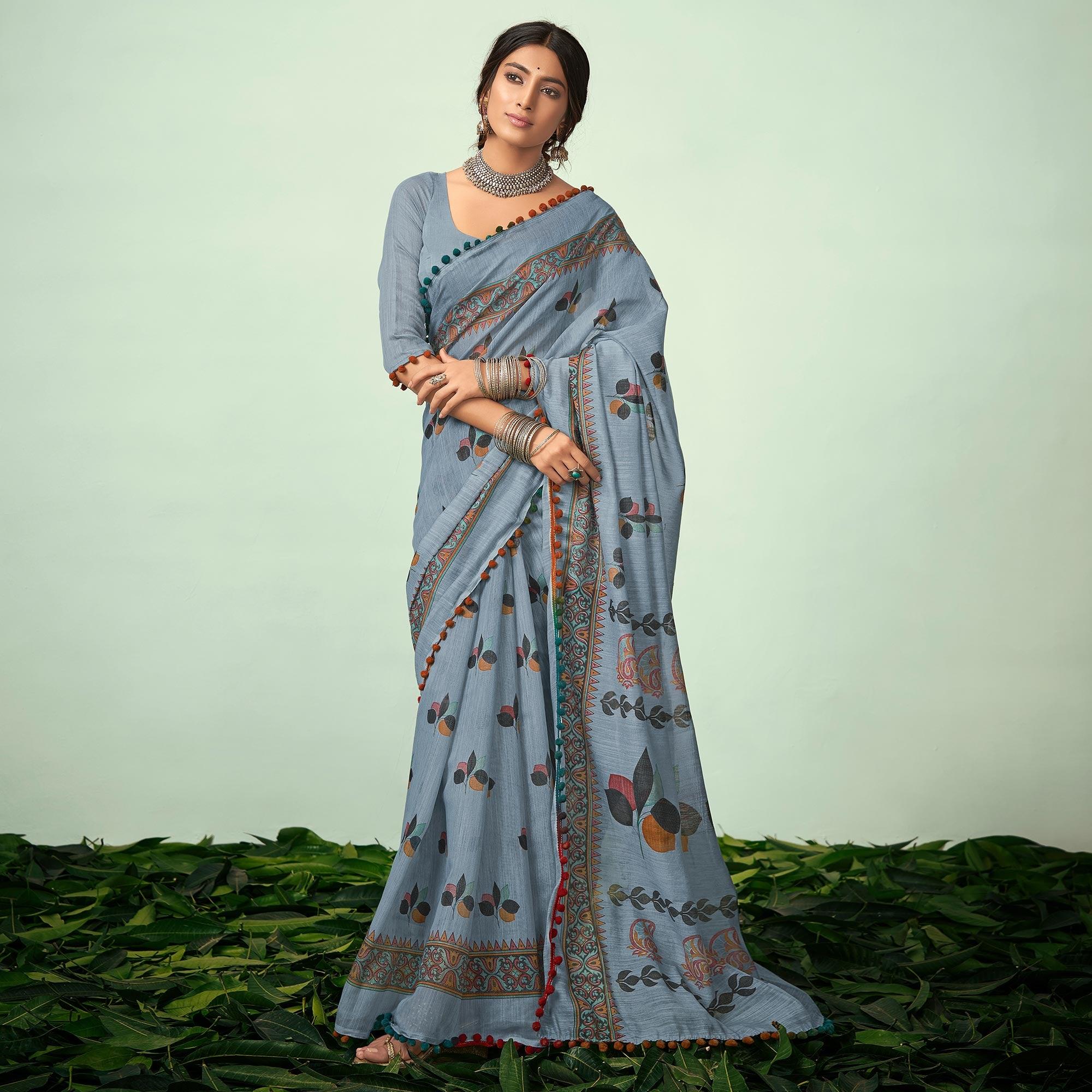 Blue Digital Printed Linen Saree Party wear