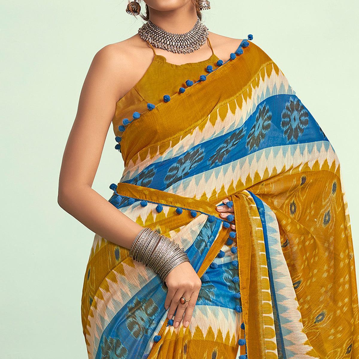 Yellow Party Wear Woven Pure Linen Saree