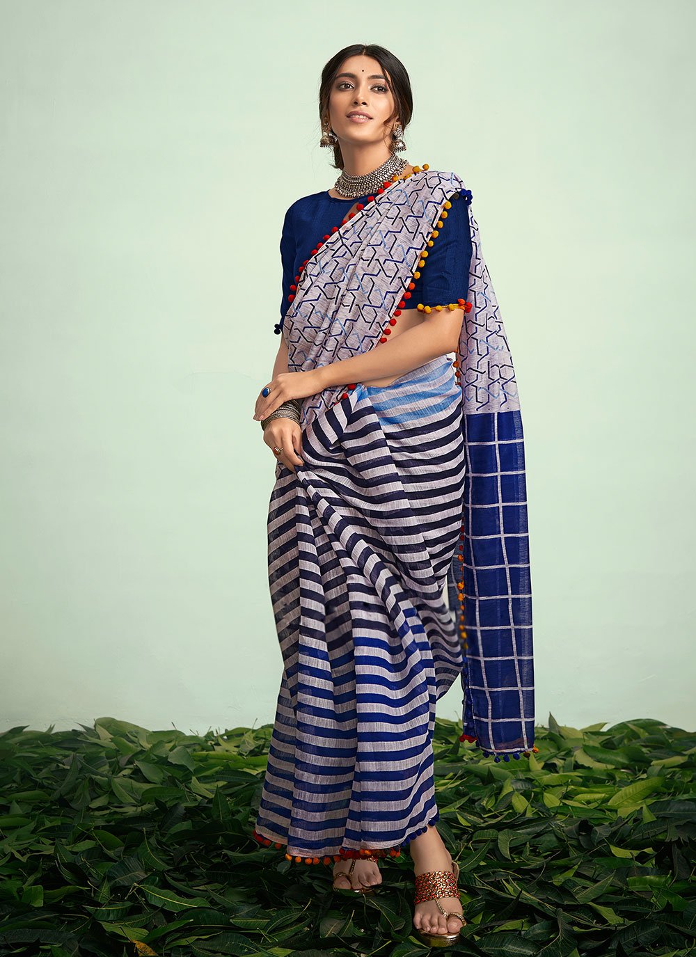 White And Blue Casual Wear Printed Linen Saree