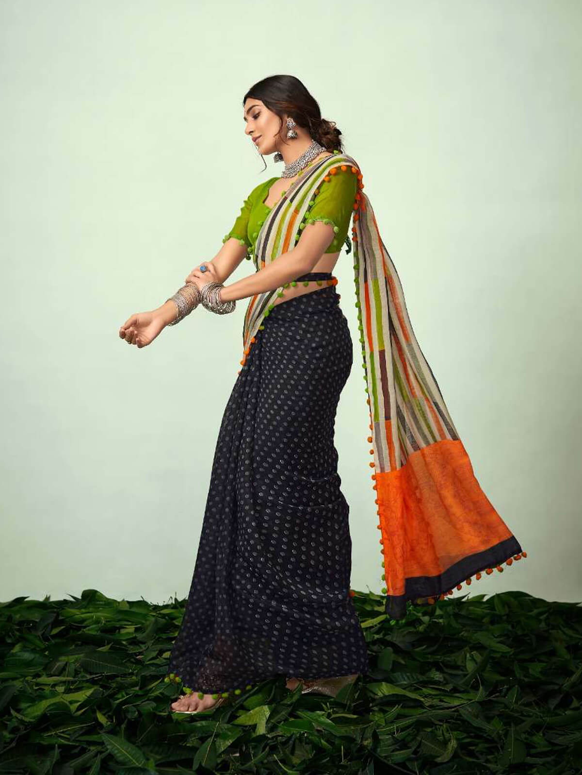 Pleasant Black Colored Festive Wear Linen Saree