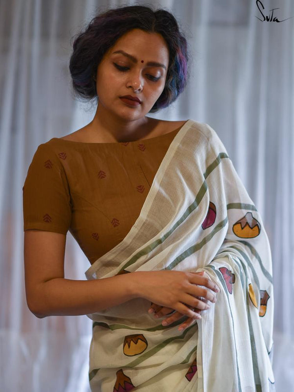 White Digital Printed Linen Saree