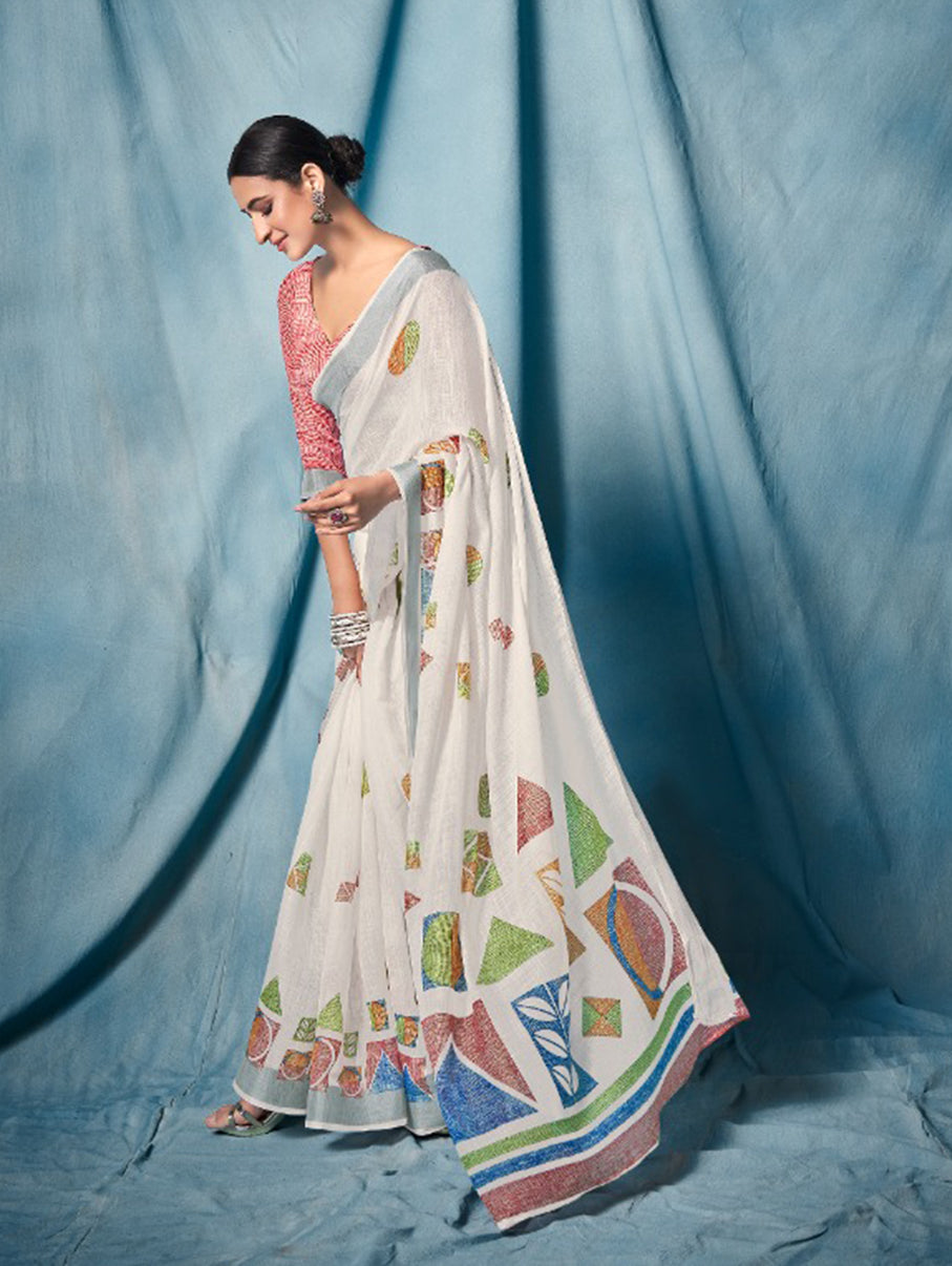 White color Printed Linen Saree, Party wear