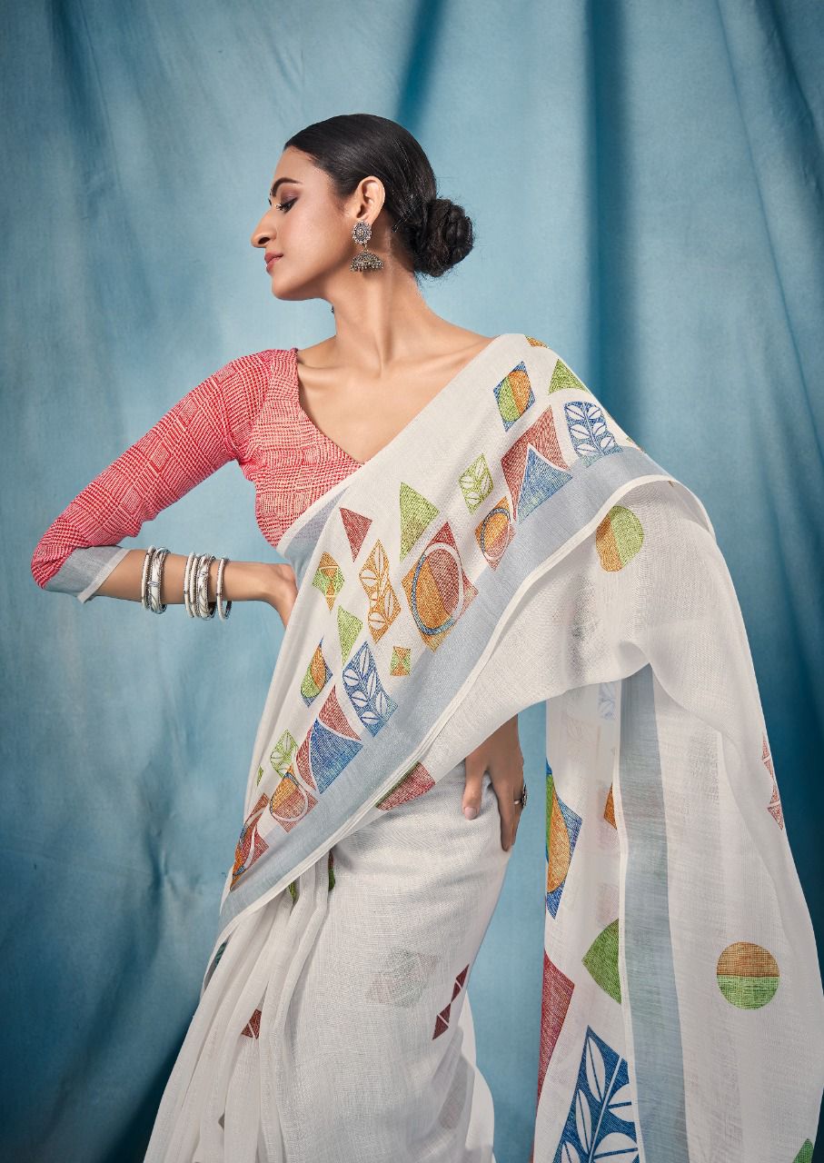 White color Printed Linen Saree, Party wear