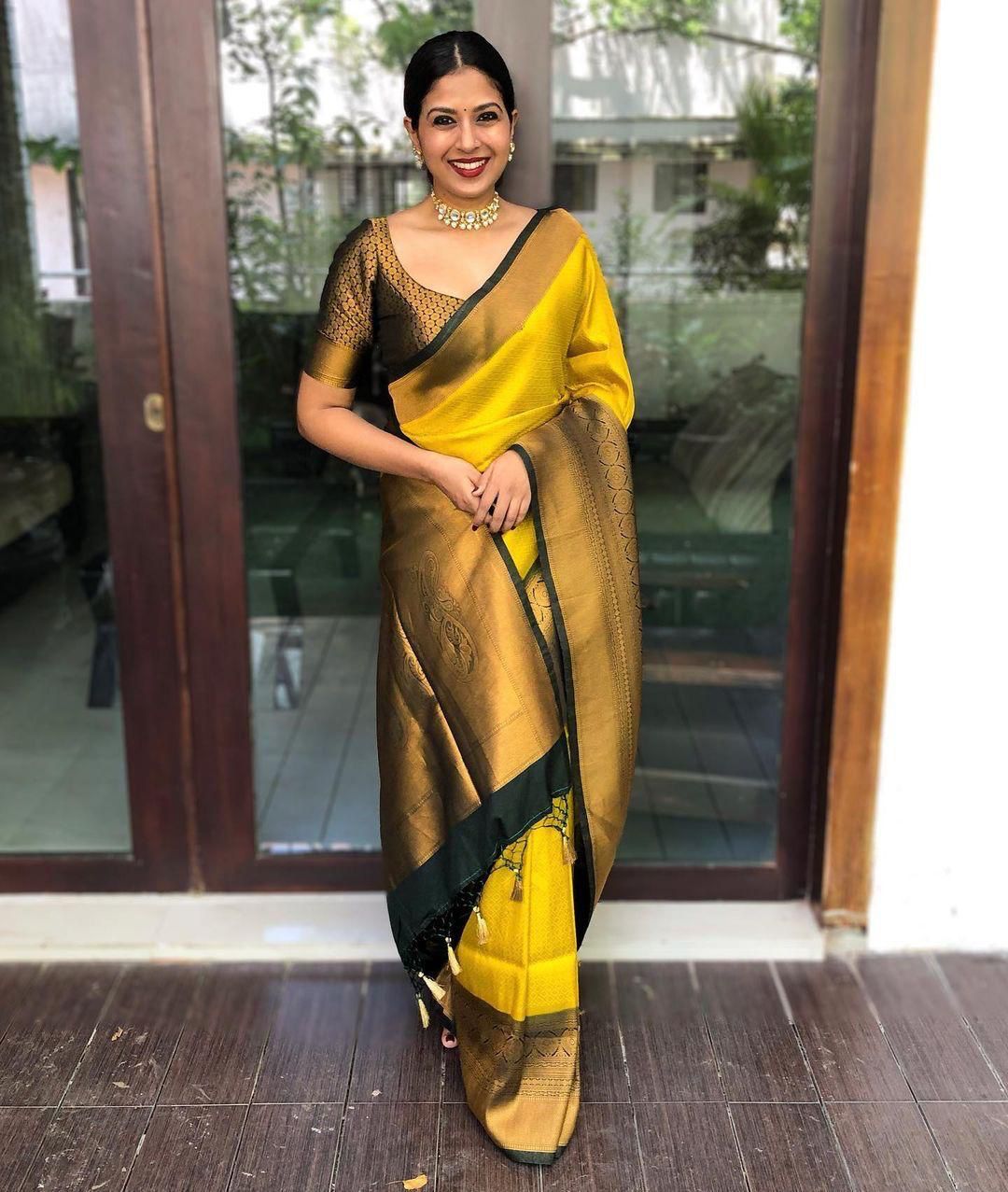 Bucolic Yellow Soft Silk Saree With Gossamer Blouse Piece